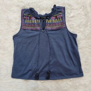 Lynn Ryan Blue Embroidered Ruffle Neck Tie Front‎ Sleeveless Top Women's Size S